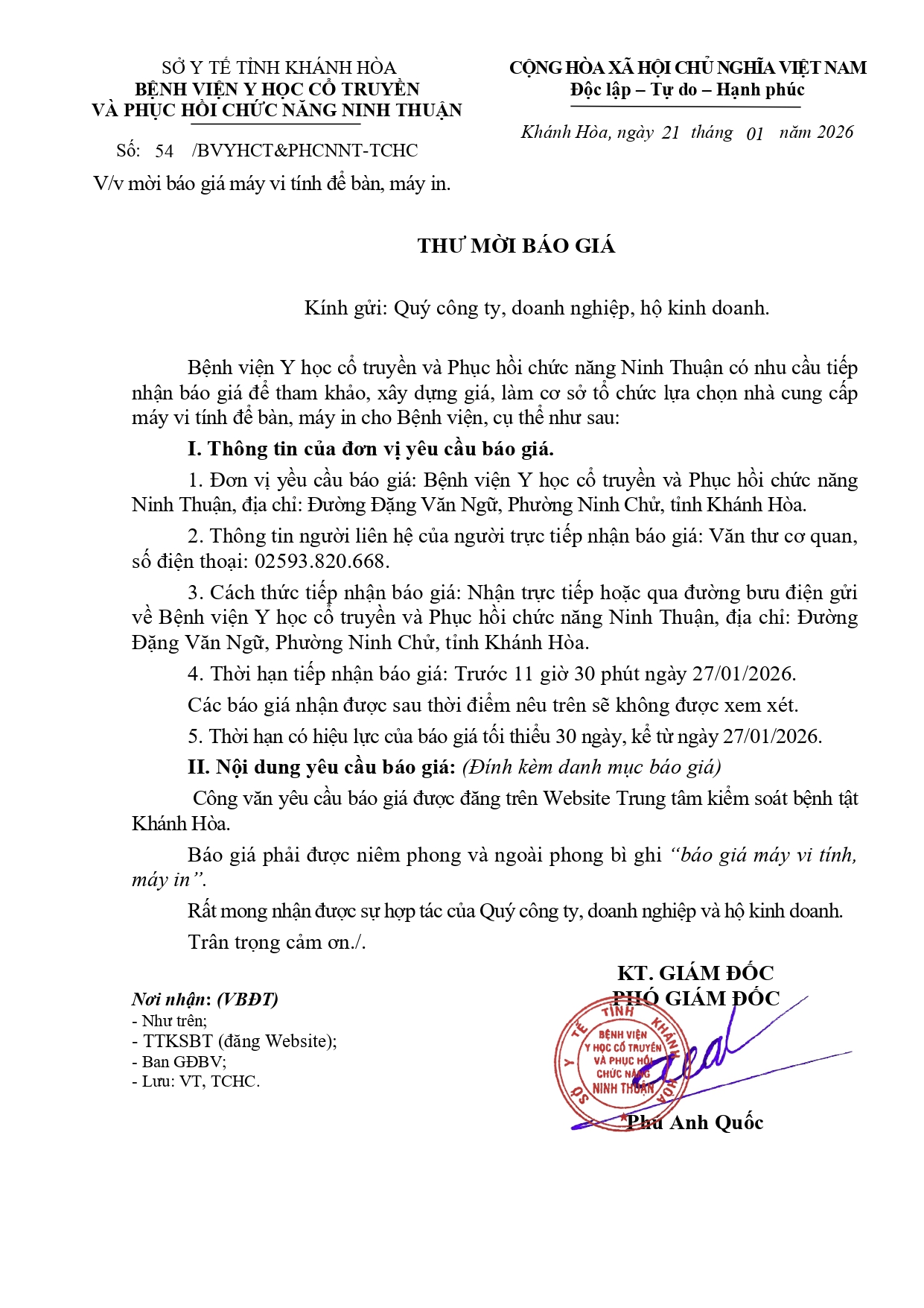 V/v mời báo giá máy vi tính để bàn, máy in.